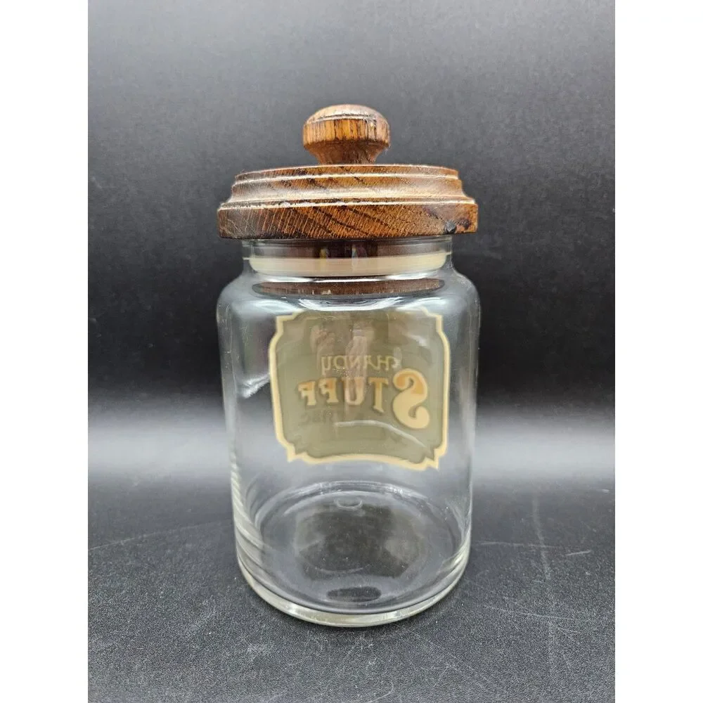 Vintage Olde Thompson Handy Stuff Glass Jar Canister w/ Wooden Lid Rare HTF